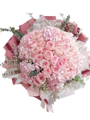 Hand-Tied Bouquet - Pink Roses, Hydrangeas & Eucalyptus