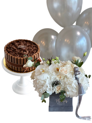 Giftset - Cake, Balloons and All White Flowers