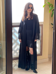 موضة - قفطان شيفون بحزام مفتوح من الأمام - أسود