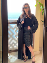 Fashion - Kaftan Belted Satin Open Front - Black