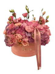 Velvet Hatbox - Pink Roses Pink Hydrangeas and Lisianthus Mix