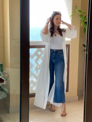 Fashion - Kaftan Belted Chiffon Open Front - White