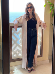 Fashion - Kaftan Belted Satin Open Front - Champagne