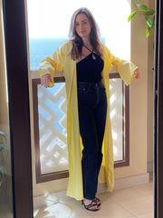 Fashion - Kaftan Belted Satin Open Front - Yellow