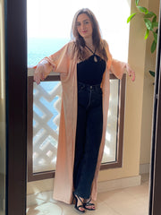 Fashion - Kaftan Belted Satin Open Front - Peach