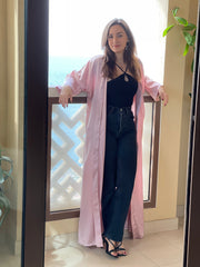 موضة - قفطان ساتان مفتوح من الأمام بحزام - وردي