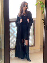 موضة - قفطان شيفون بحزام مفتوح من الأمام - أسود