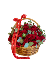 Red Roses and Eucalyptus Basket