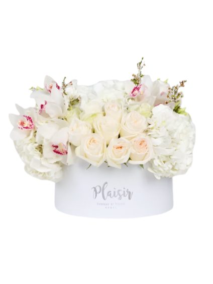 Hatbox - White Roses Hydrangeas and Orchid Elegance