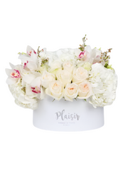 Hatbox - White Roses Hydrangeas and Orchid Elegance
