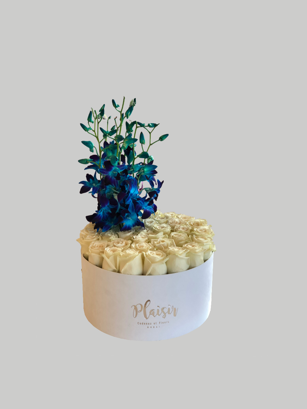 Velvet Hatbox - White Roses with Blue Dendro