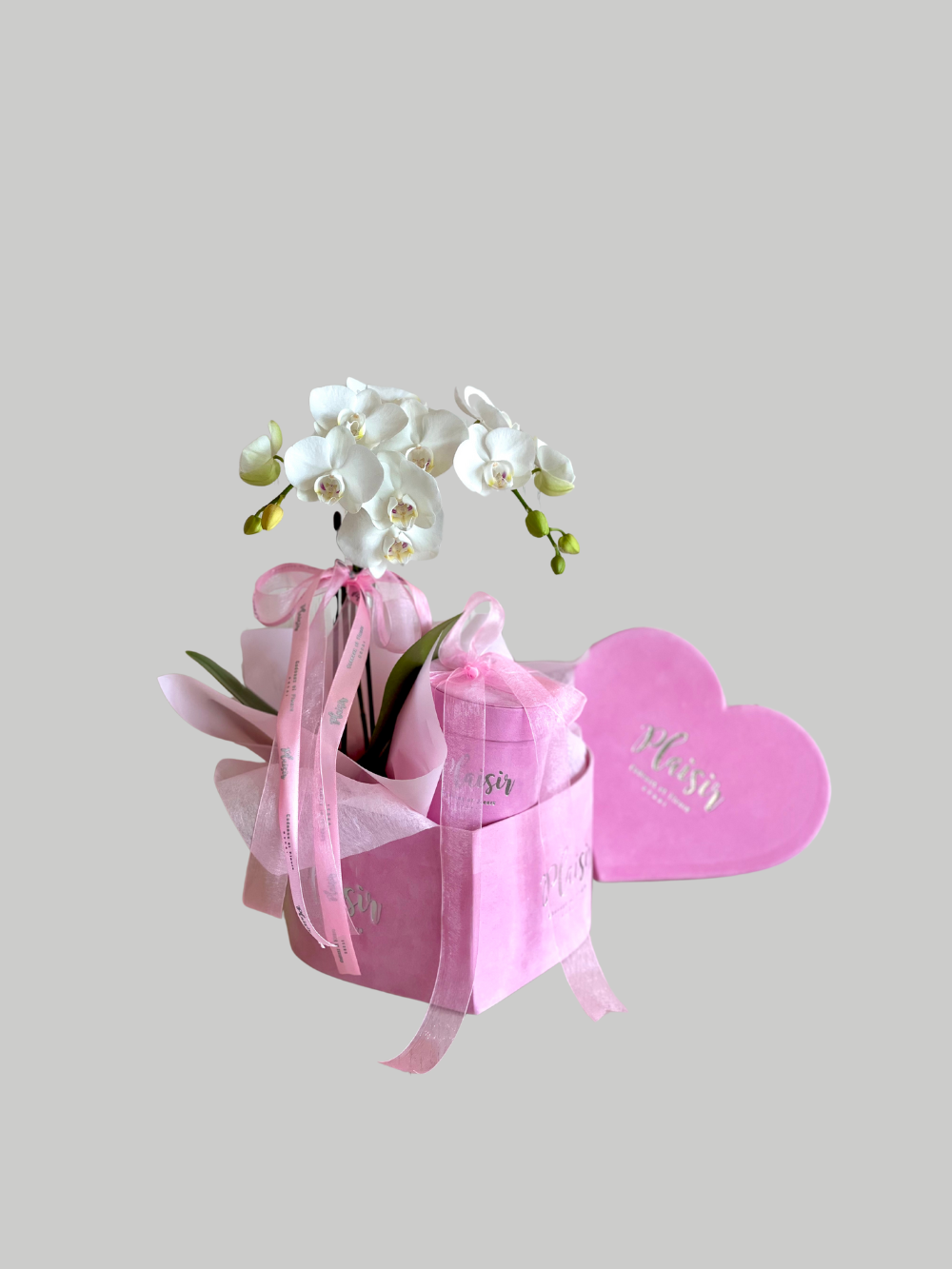 Velvet Heart Box - Mini Orchid and Chocolates in Pink