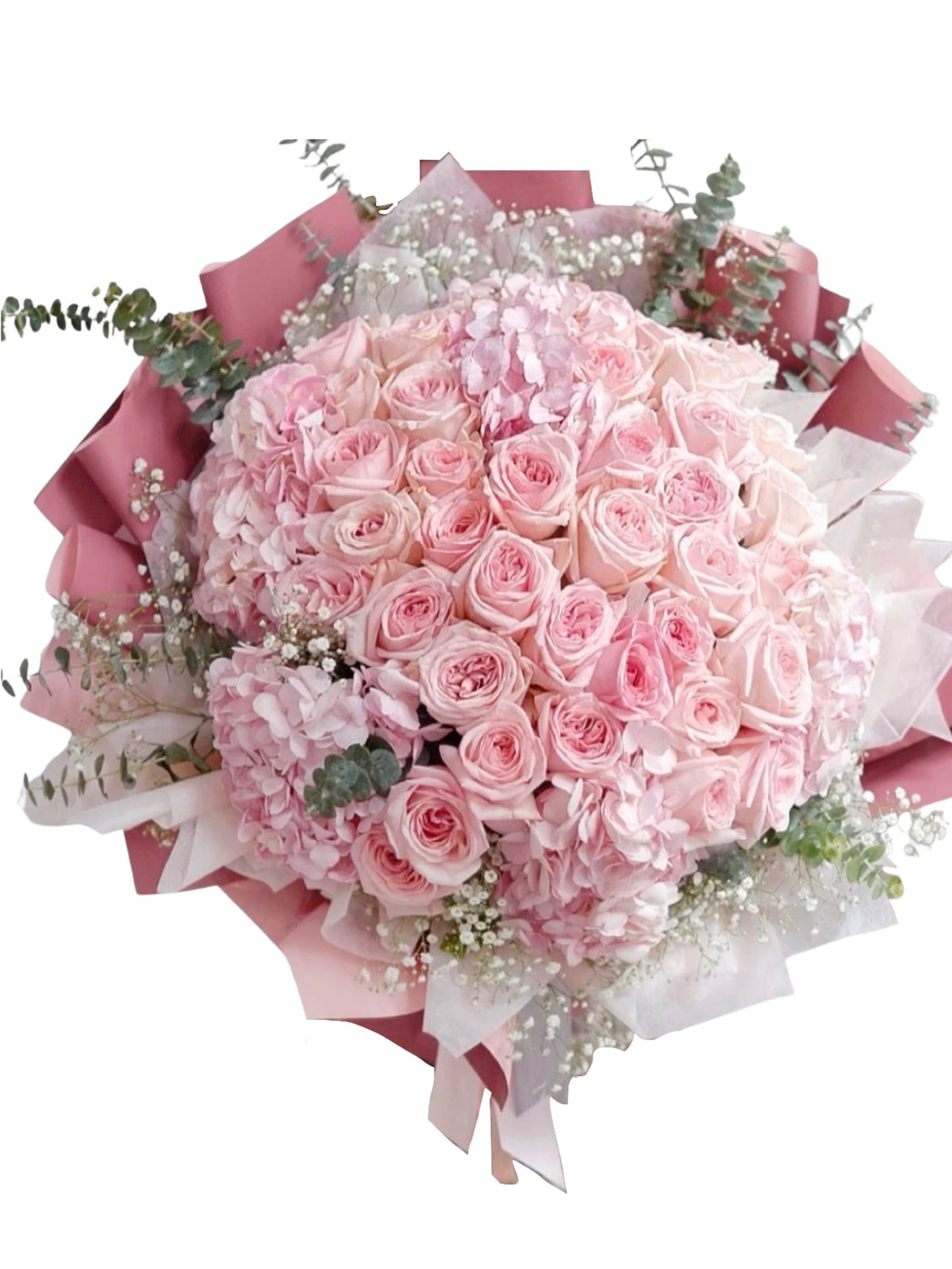 Hand-Tied Bouquet - Pink Roses, Hydrangeas & Eucalyptus