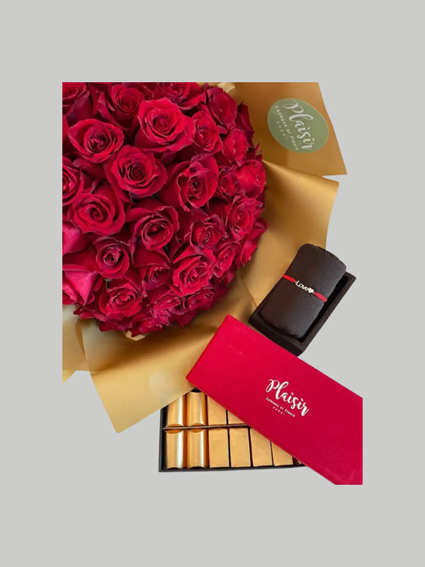 مجموعة هدايا مجوهرات مكونة من 51 وردة حمراء مع سوار Love Red and Choco