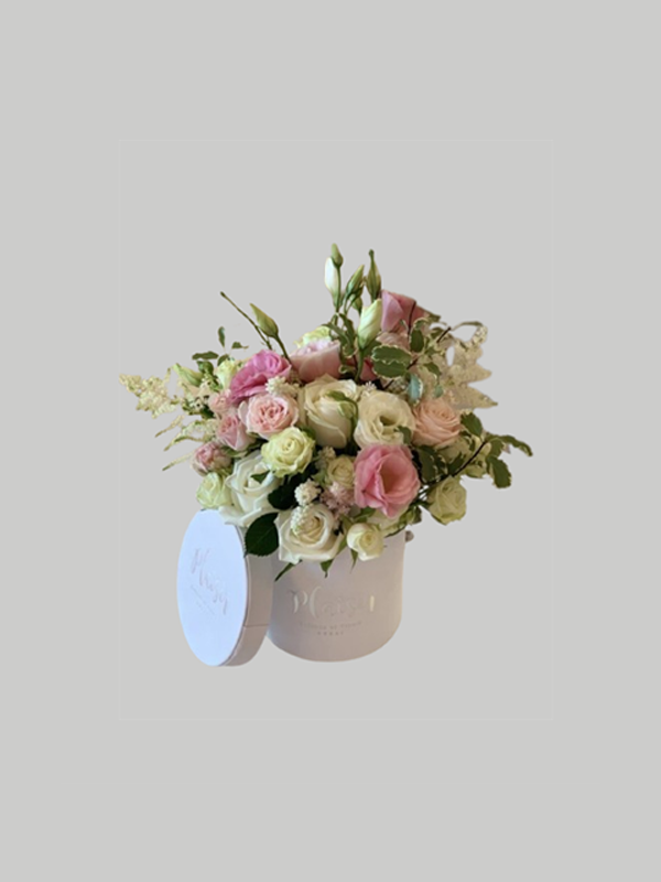 Velvet Cylinder Mini - White Roses Pink Roses and Lisianthus Floral