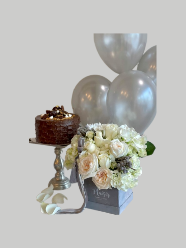 Giftset - Cake and Balloons with All White Flowers