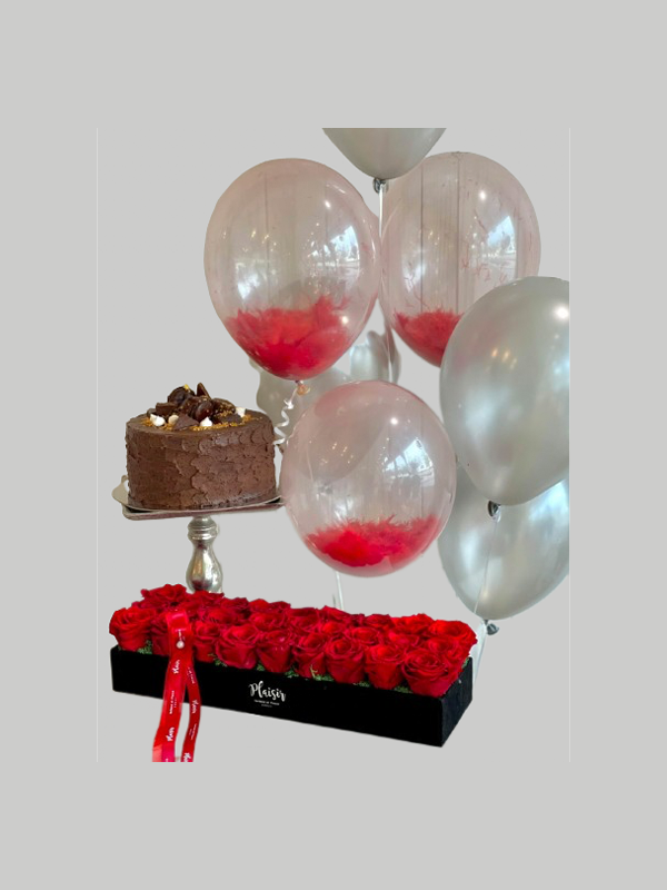 Giftset - Cake and Balloons with Red Rose Tray