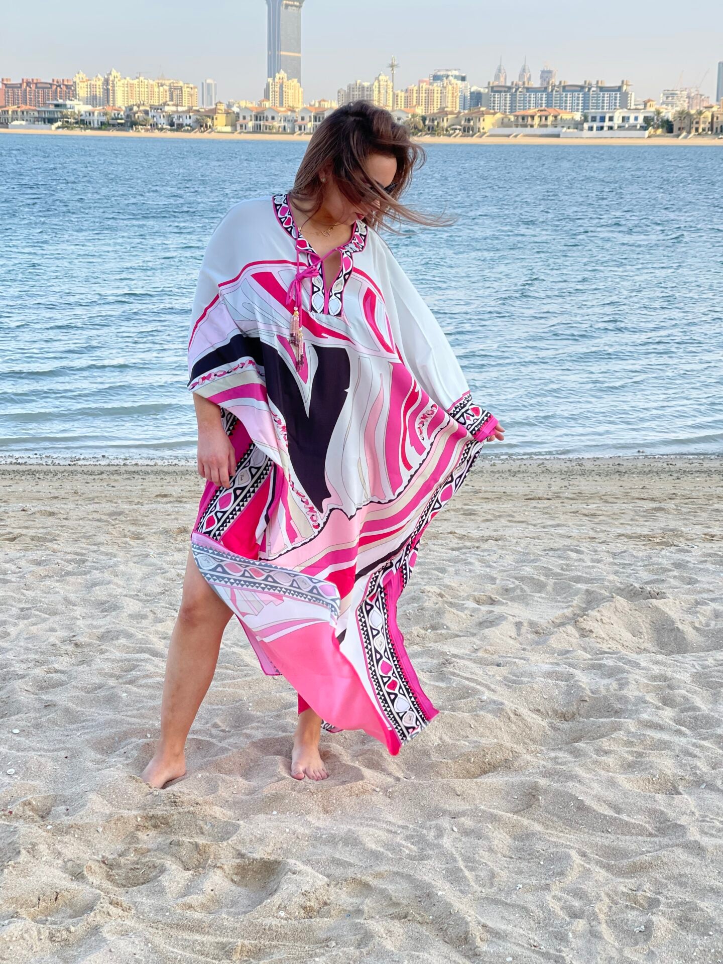 Fashion – Printed Kaftan White and Pink