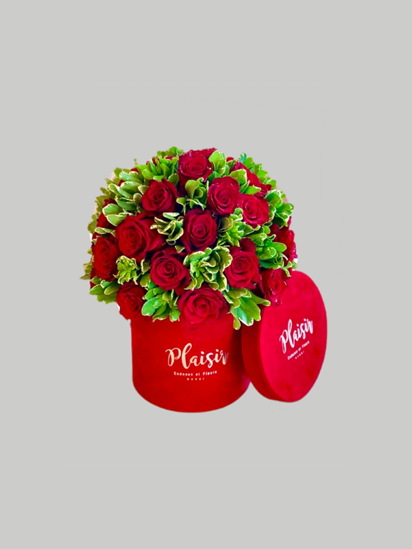 Velvet Cylinder - Red Rose Dome with Pittosporum