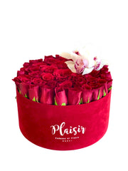 Velvet Hatbox - Red Roses with Orchids