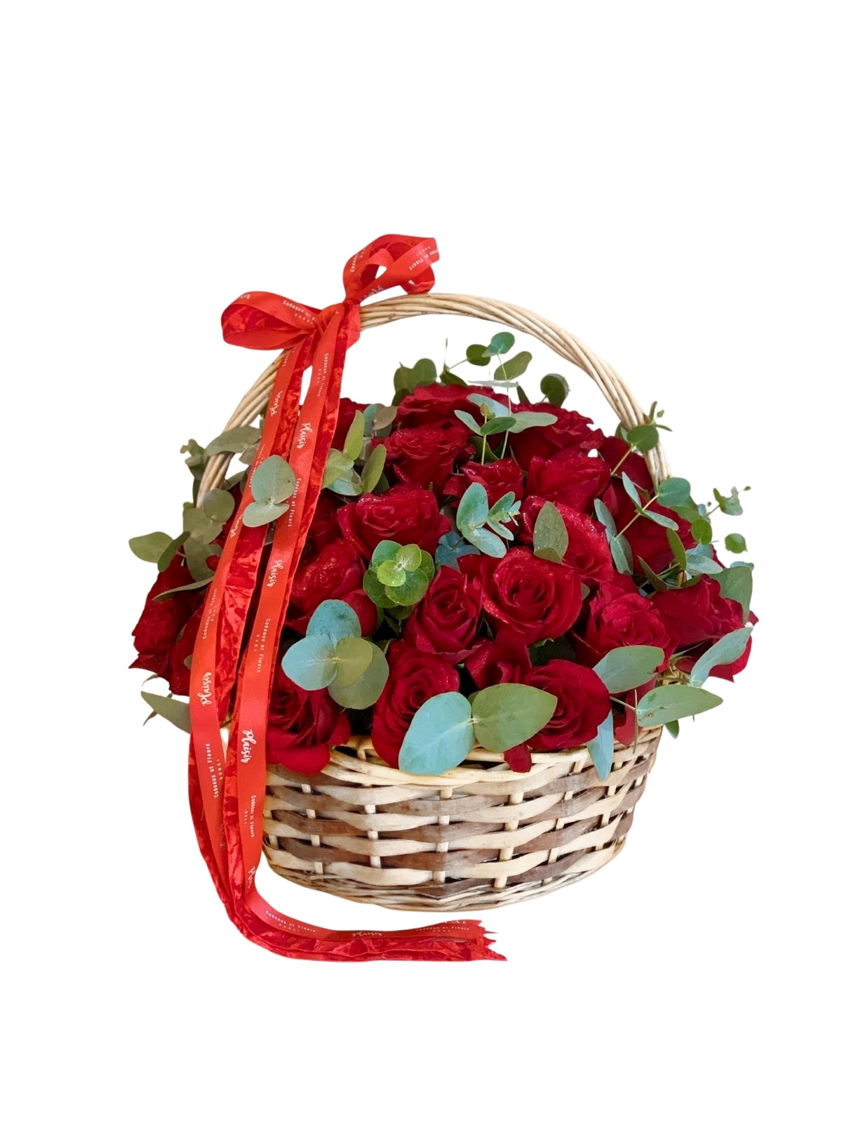 Red Roses and Eucalyptus Basket
