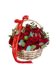 Red Roses and Eucalyptus Basket