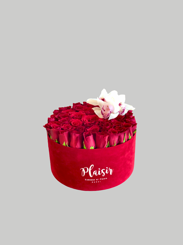 Velvet Hatbox - Red Roses with Orchids