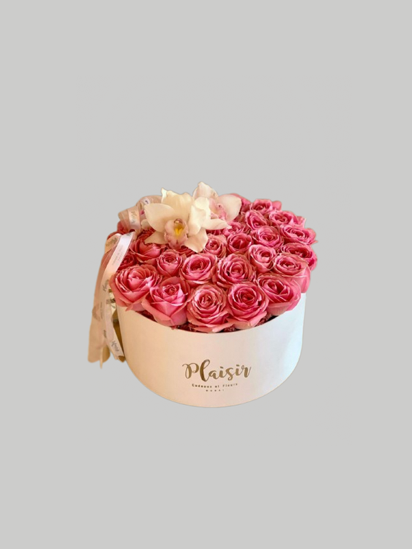 Velvet Hatbox - Pink Roses on White