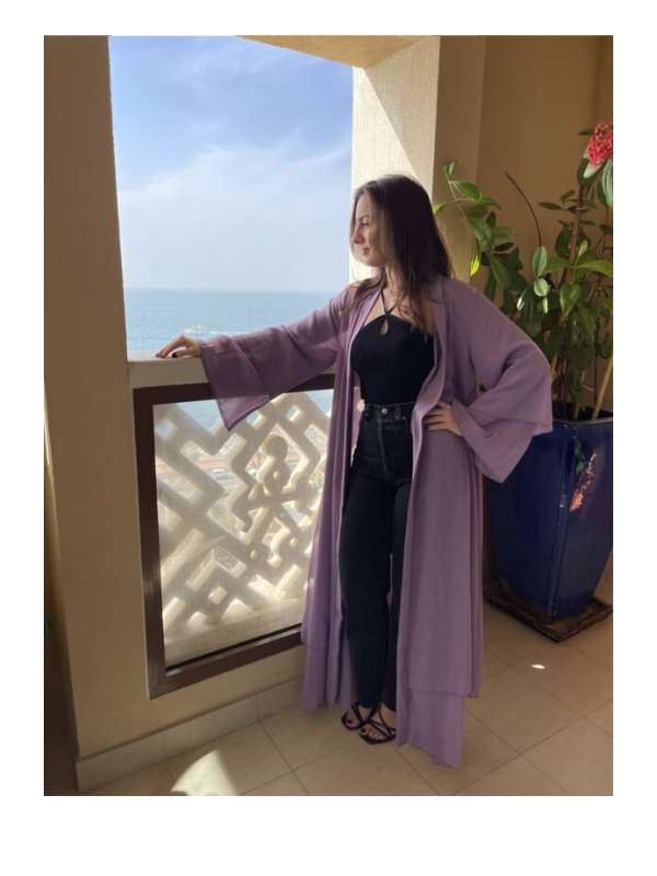 Fashion - Kaftan Belted Chiffon Open Front - Lilac