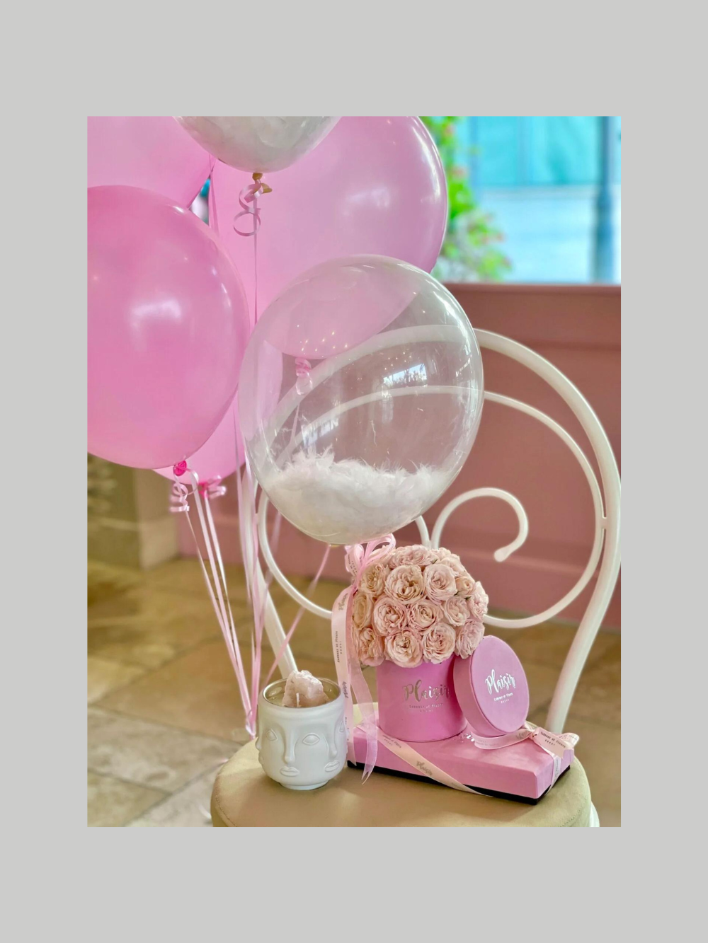 Giftset - Dome with Pink Balloons, Chocolates and Visage Crystal Candle