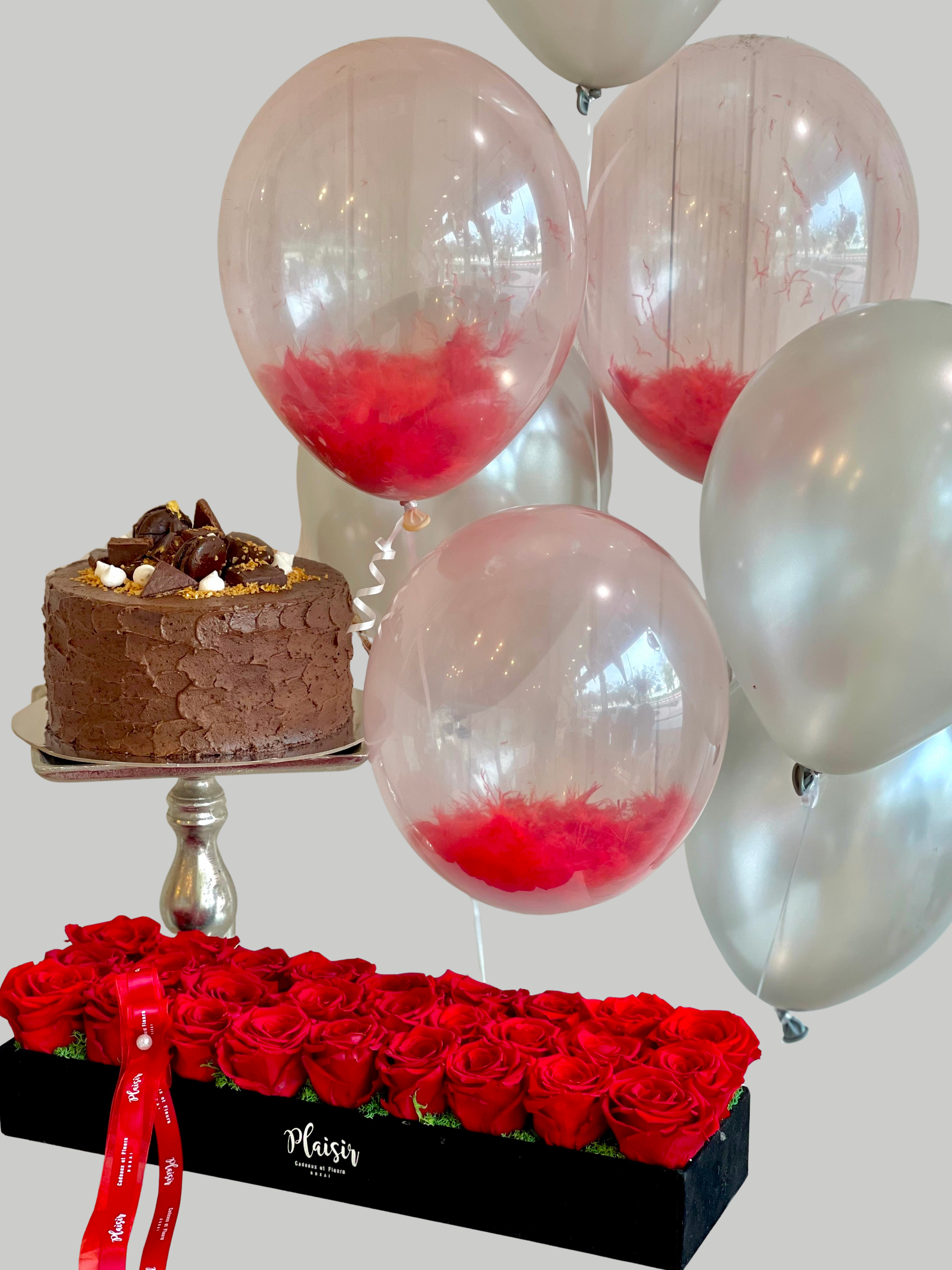 Giftset - Cake and Balloons with Red Rose Tray