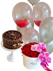 Giftset - Cake, Balloons and Red Roses with Orchid