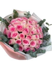 Hand-Tied Bouquet - 31 Pink Roses with Eucalyptus