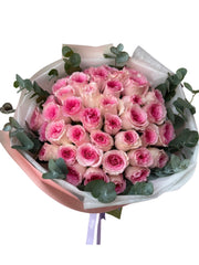 Hand-Tied Bouquet - 31 Pink Roses with Eucalyptus
