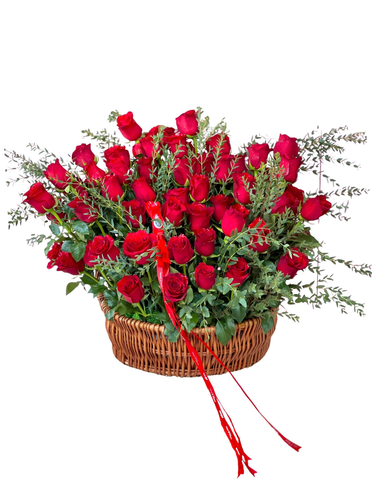 Red Roses and Parvifolia Eucalyptus Basket