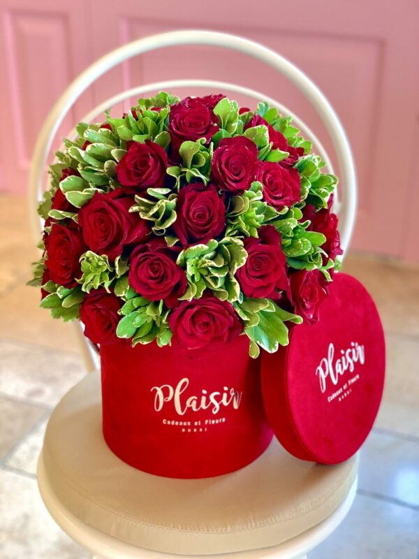 Red Cylinder Rose Dome with Pittosporum Flowers in Dubai