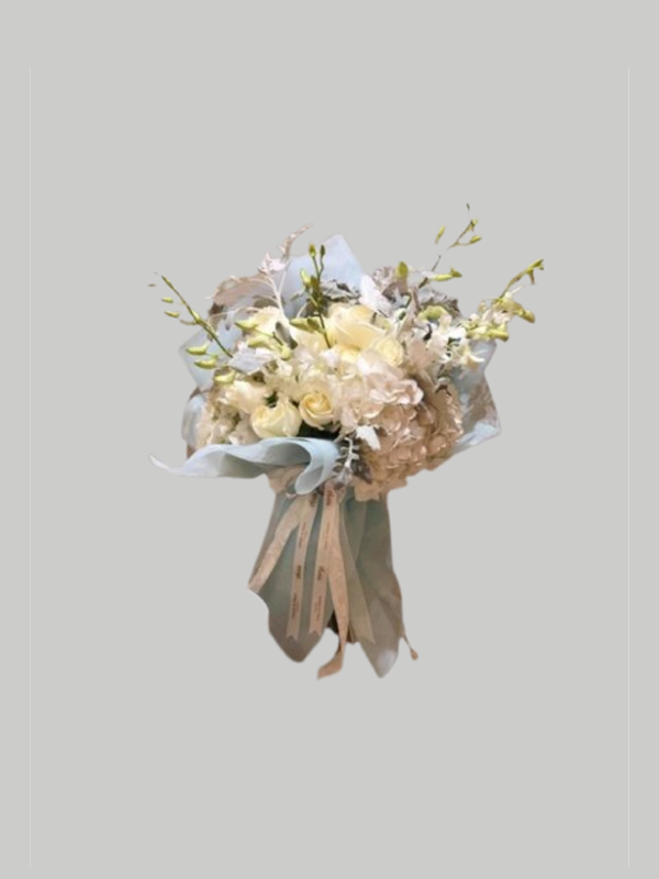 Hand-tied – All white bouquet Tiffany wrap