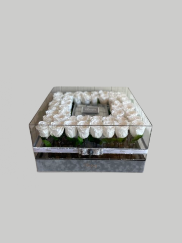 Acrylic – White VVIP Infinity Roses 4 Dozen and 2.5kg Chocolates
